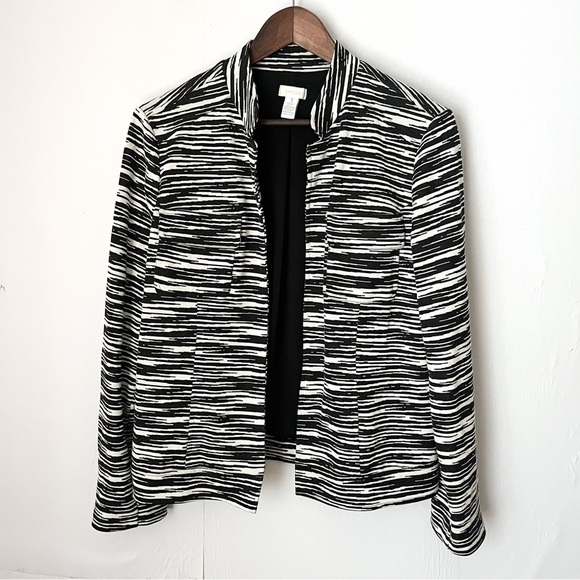 Chico’s Womens Blazer Jacket Black & White Printed Size 1 (8) Open Front Stretch - Picture 1 of 6